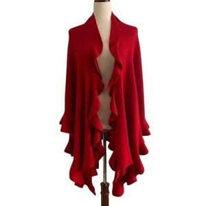 90s Coldwater Creek Red Ruffle Ruana Wrap OS Boho Lagenlook Open Front Shrug